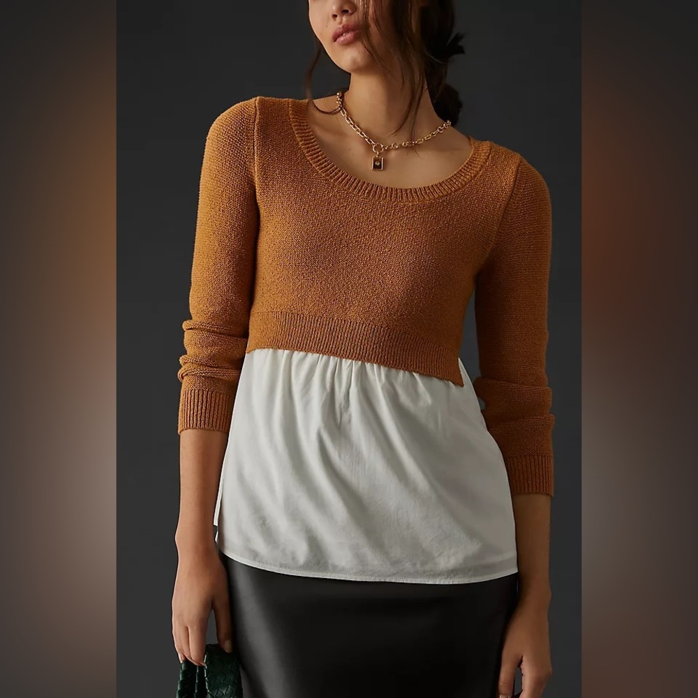 Anthropologie Layered Mixed Media Sweater Top Brown White Peplum Women’s XS